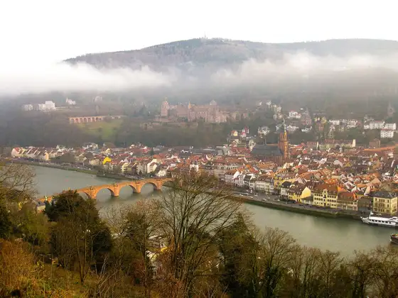 Heidelberger Altstadt mit Alter Brücke und Schloss im Morgennebel, gesehen vom Philosophenweg