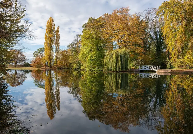 Großer Weiher im Schwetzinger Schlossgarten mit Herbstlaub